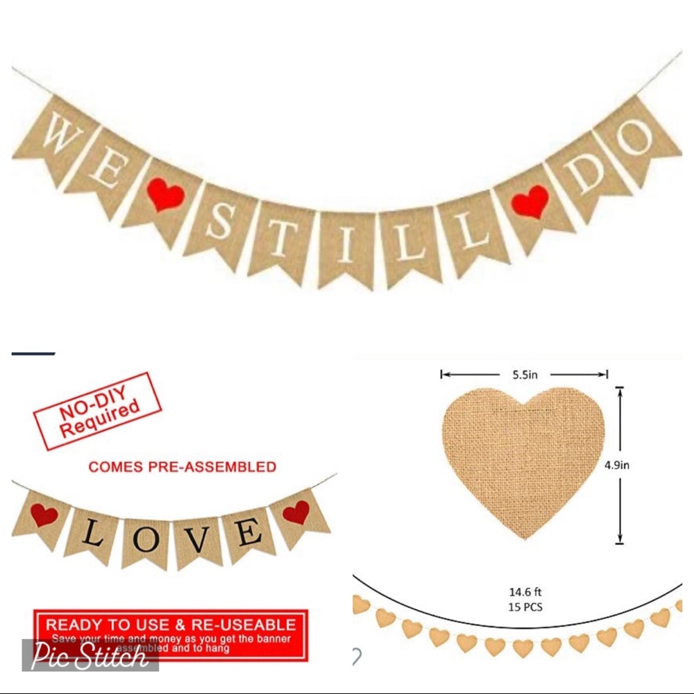 3 Burlap Party Banners  1 Wooden Heart Banner clips on back Wedding Decorations